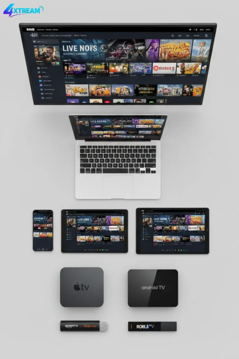 4XTREAM running on a desktop monitor, laptop, tablet, phone, Apple TV, Android TV box and streaming sticks