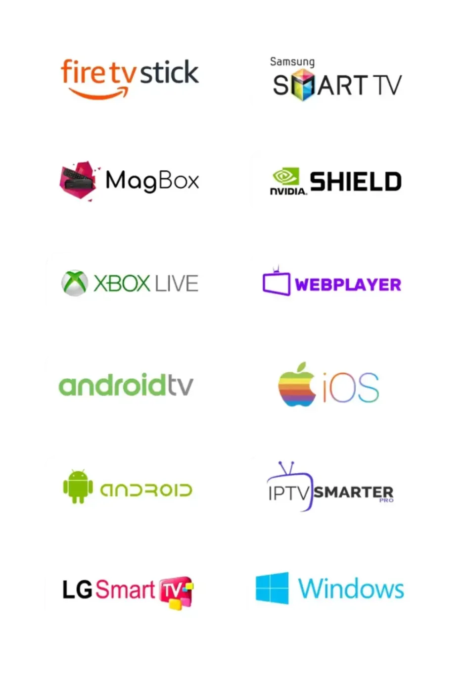 Supported platforms: Fire TV Stick, Samsung Smart TV, MAG Box, NVIDIA Shield, Xbox Live, web player, Android TV, iOS, Android, IPTV Smarters, LG Smart TV and Windows
