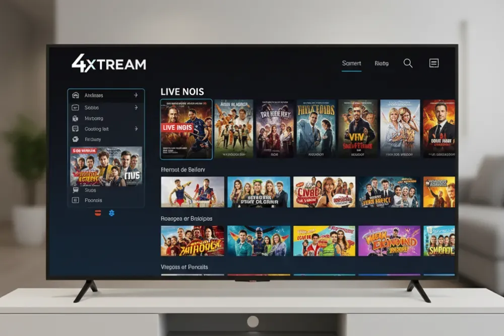 4XTREAM channel guide displayed on a living-room television