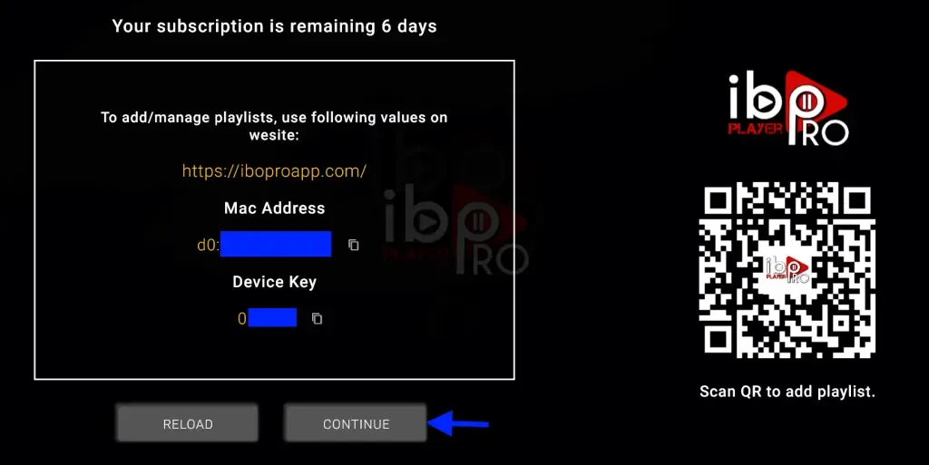 IBO Player Pro first screen showing the MAC Address and Device Key