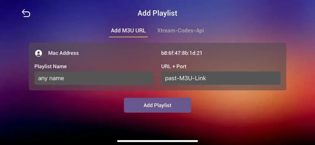The Add M3U Playlist form in the IBO Player Pro portal